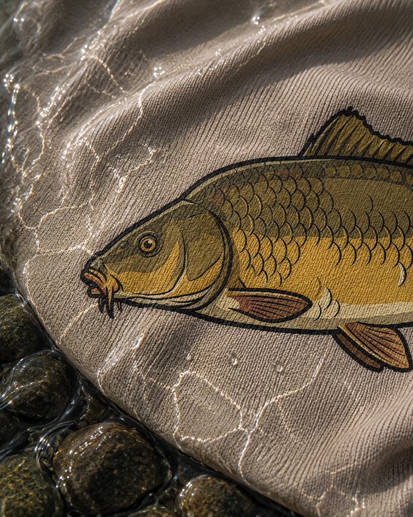 Cropped WearYourCatch artwork and fabric detail beside the water